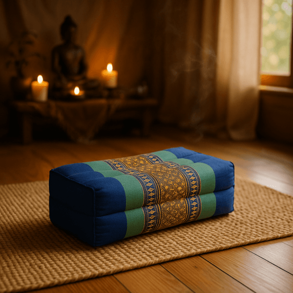 Thais meditatiekussen in groene en blauwe tinten in een sfeervolle zenruimte met boeddhabeeld en kaarslicht.