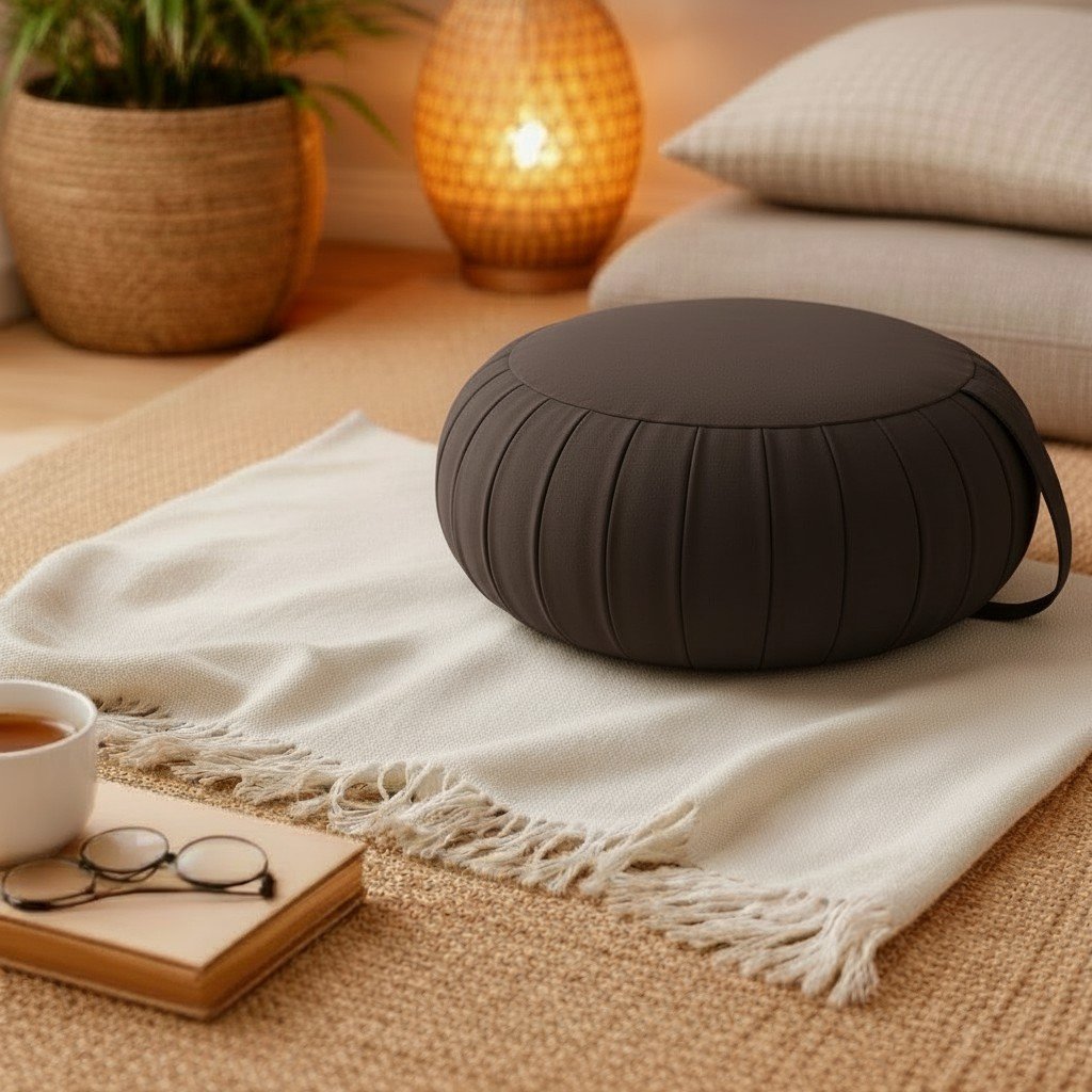 Rond Thais zafu kussen in effen donkerbruin in een sfeervolle woonsetting met plaid en warme verlichting.