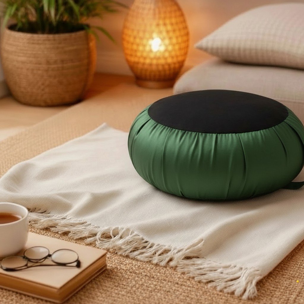 Rond Thais zafu kussen in donkergroen met zwart bovenvlak op een lichte plaid in een warm interieur.