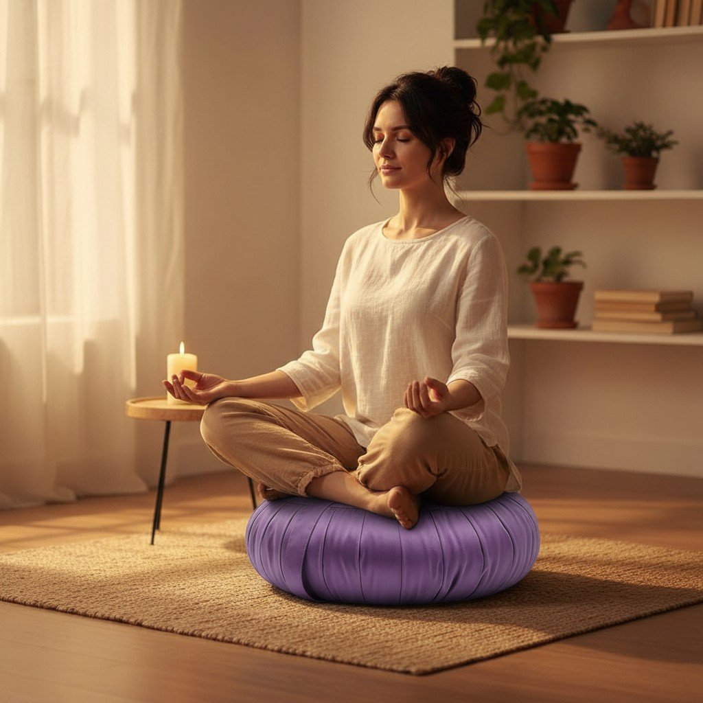 Vrouw mediteert op een rond Thais zafu kussen in lila met donkergroen bovenvlak in een warm interieur.