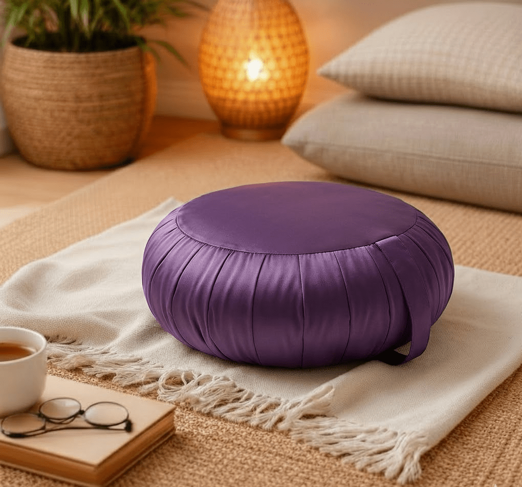 Rond Thais zafu kussen in effen lila op een lichte plaid in een warme en rustige ruimte.