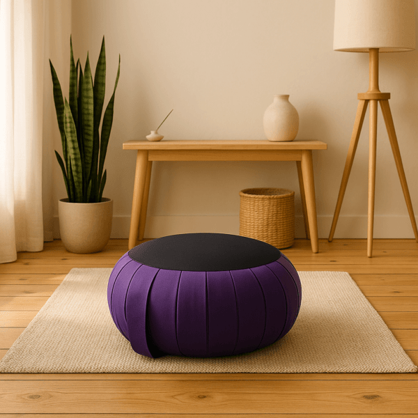 Paars meditatiekussen in zen interieur met planten en licht houten vloer