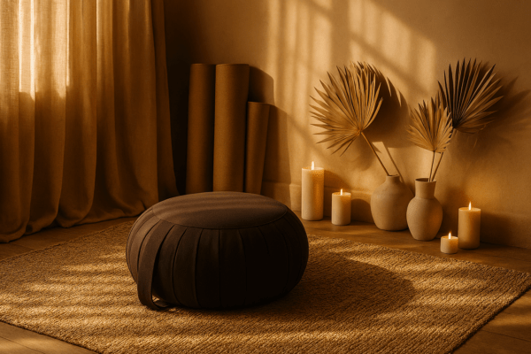 Bruin meditatiekussen in warm interieur met kaarsen, gedroogde bladeren en yogamatten.