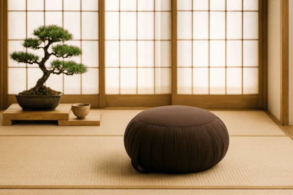 Bruin zafu meditatiekussen in een Japanse zenruimte met bonsai en shoji-panelen.