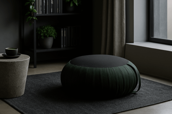 Groene zafu meditatiekussen in een modern, minimalistisch interieur met zwarte accenten en planten.
