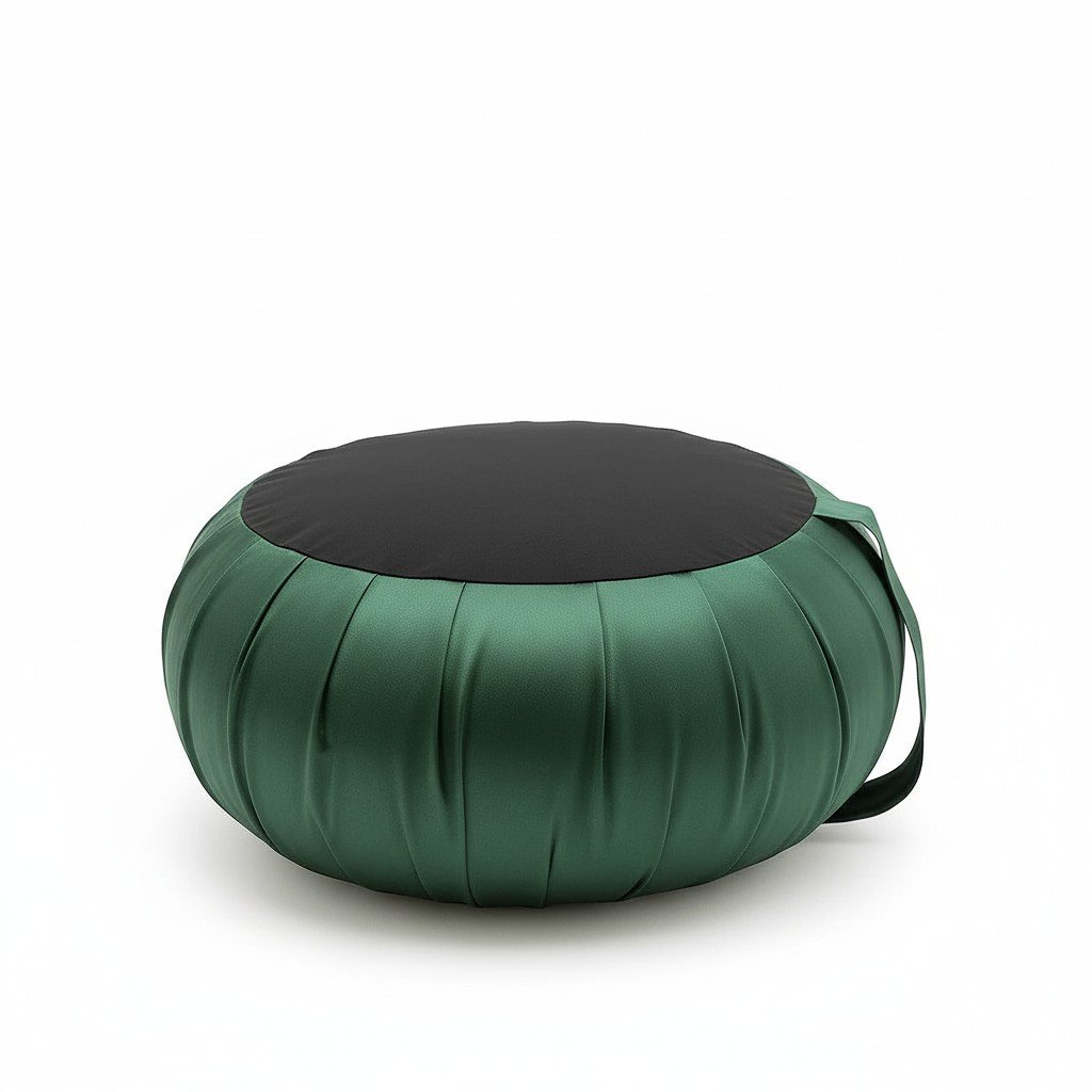 Groene zafu meditatiekussen met zwarte bovenkant en handvat, vrijstaand op witte achtergrond.