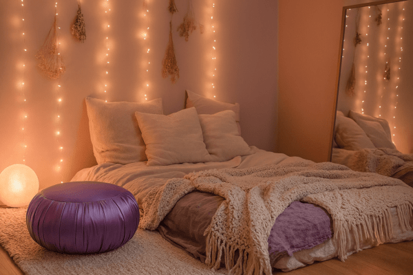 Paars zafu meditatiekussen in een warme slaapkamer met sfeerverlichting en zachte stoffen.