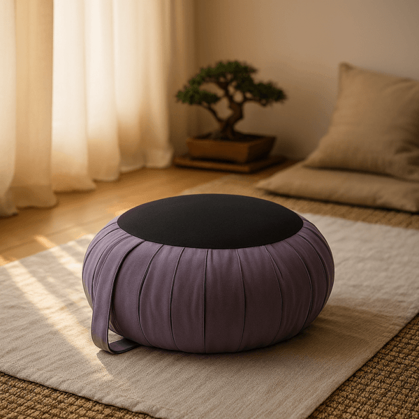 Lavendelkleurig meditatiekussen Still in warme zenkamer met kaarslicht