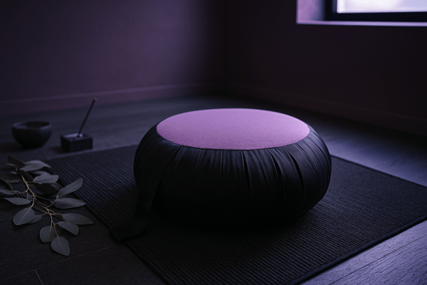 Zafu Twilight meditatiekussen naast theeglas en warme sfeerverlichting