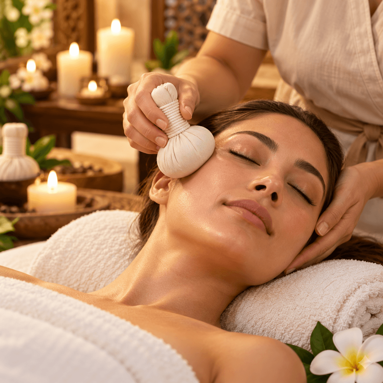 Ontspannende gezichtsmassage met een witte kruidenstempel bij de slaap, uitgevoerd in een warme wellnessomgeving met kaarsen en zachte handdoeken.