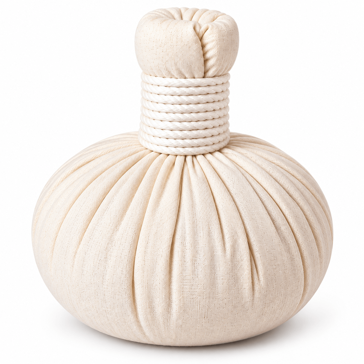 Detailfoto van een witte massagekruidenstempel met geplooide katoenkleurige stof, een bolvormige kruidenbundel en een omwikkeld handvat.