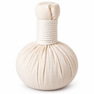 Witte kruidenstempel voor massage met een ronde stoffen kruidenbundel en een stevig, met wit koord omwikkeld handvat.