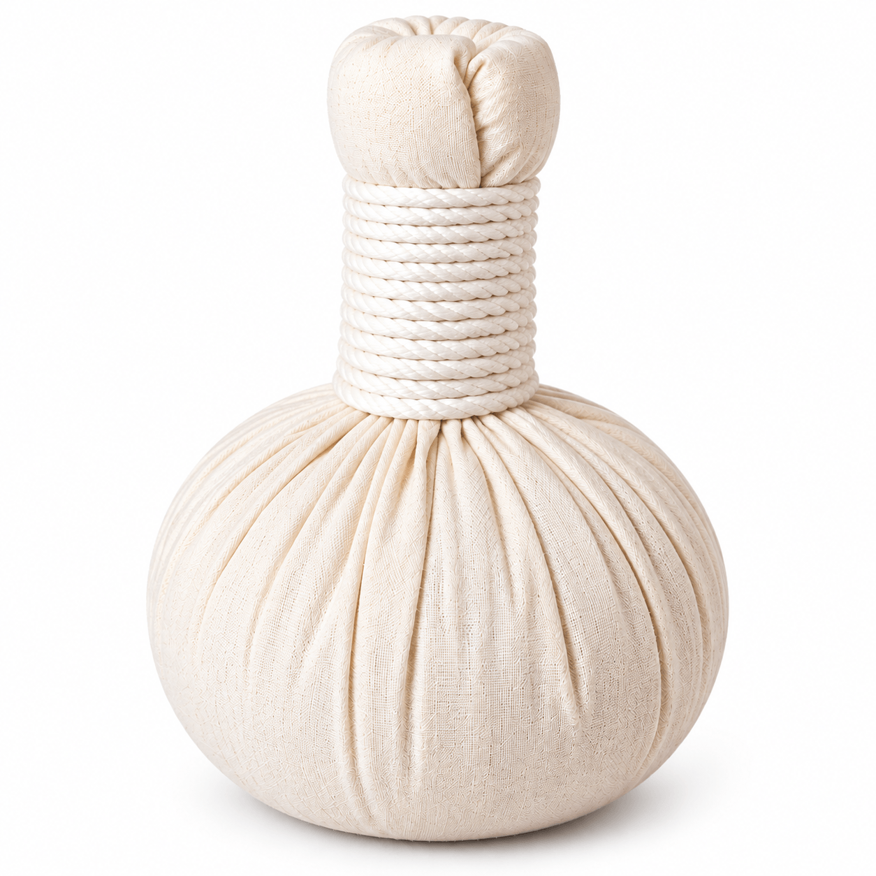 Witte kruidenstempel voor massage met een ronde stoffen kruidenbundel en een stevig, met wit koord omwikkeld handvat.