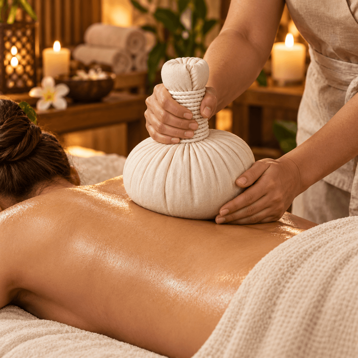 Rugmassage met een grote witte kruidenstempel, waarbij een masseur de stempel op de rug plaatst in een sfeervolle massageruimte.