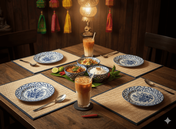 Gedekte tafel met handgemaakte Kajood placemats uit Thailand en Thais servies in blauw-wit patroon.