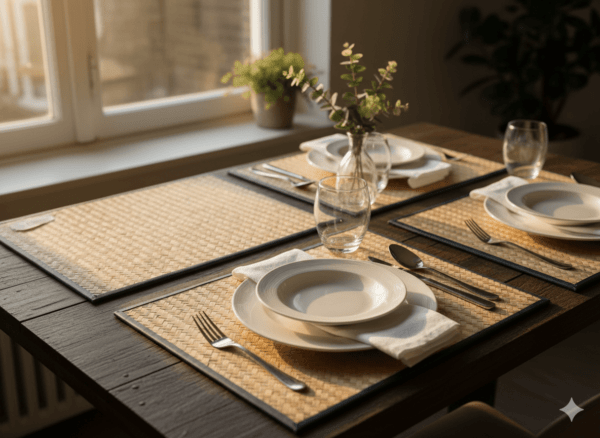 Natuurlijke Kajood placemats handgemaakt in Thailand, sfeervol op een moderne eettafel.