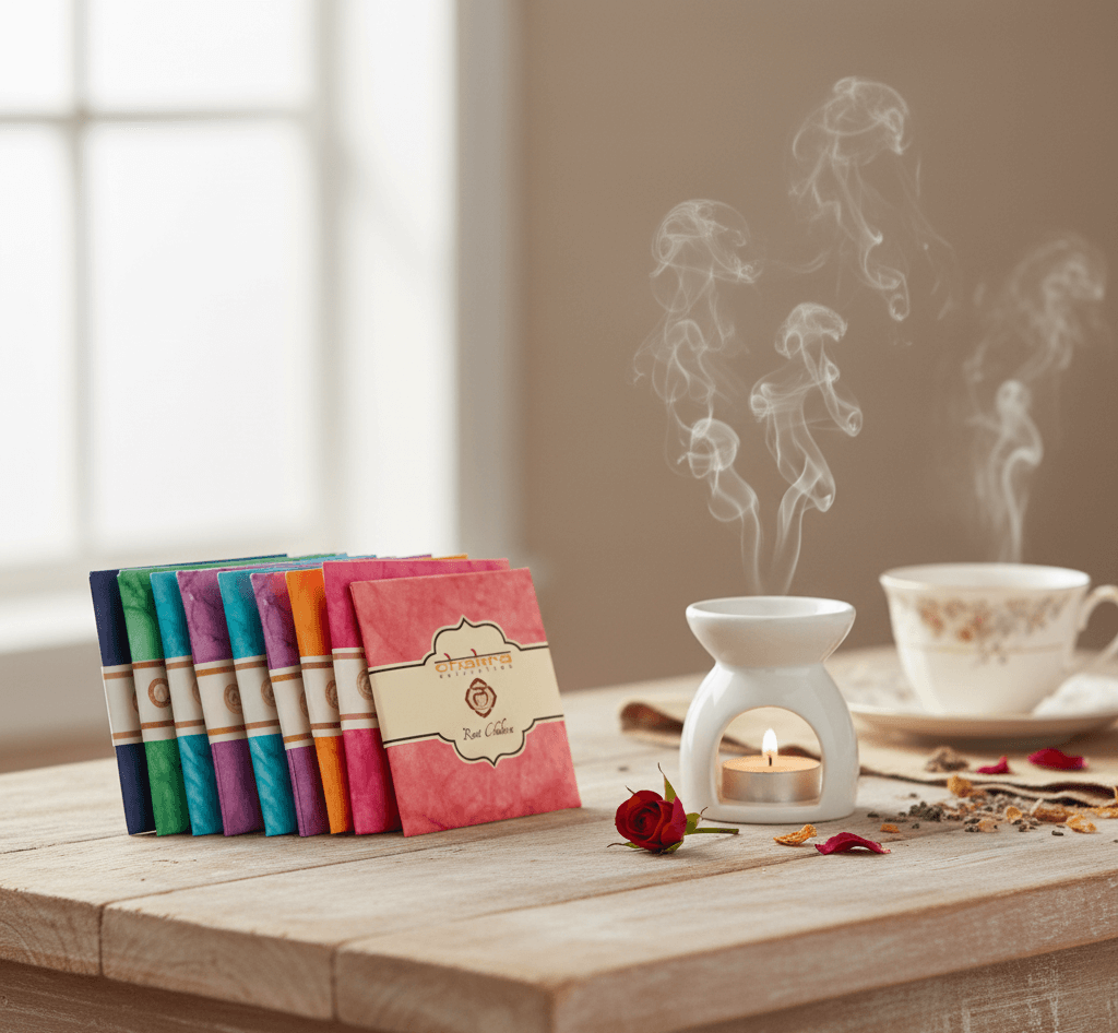 chakra-potpourri-set-sfeerfoto Sfeerfoto van chakra potpourri geurzakjes naast een aromabrander, stijgende rook en een kop thee in een warme huiselijke setting.