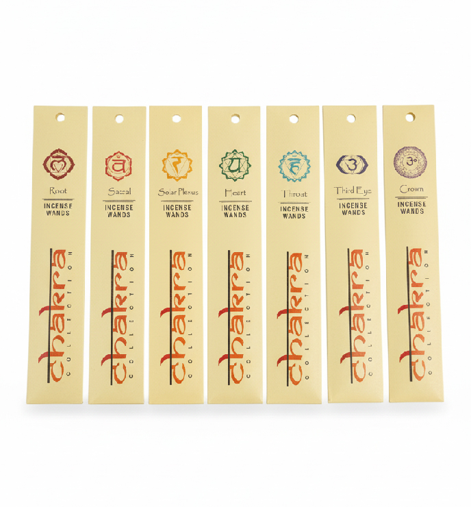 chakra-wierookstokjes-incense-wands-set-overzicht Set chakra wierookstokjes met symbolen voor alle zeven chakra’s, netjes naast elkaar gepresenteerd