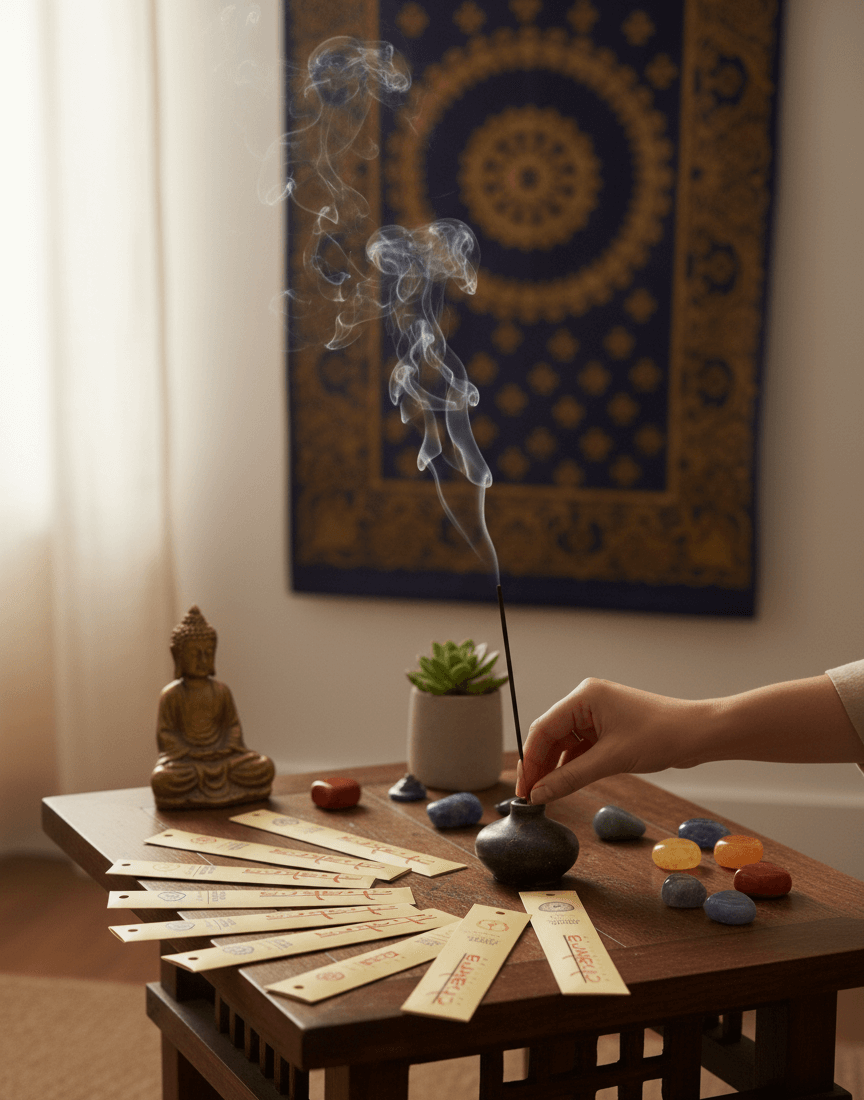 chakra-wierookstokjes-sfeer-meditatiehoek Brandend chakra wierookstokje in meditatiehoek met boeddhabeeld, edelstenen en zachte rook