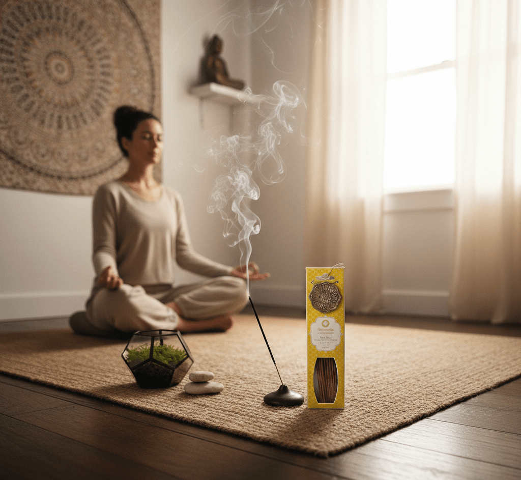 tuberose-jasmijn-wierook-lifestyle-meditatie Tuberose en jasmijn wierook tijdens meditatie, met zachte rook in een serene yogaruimte.