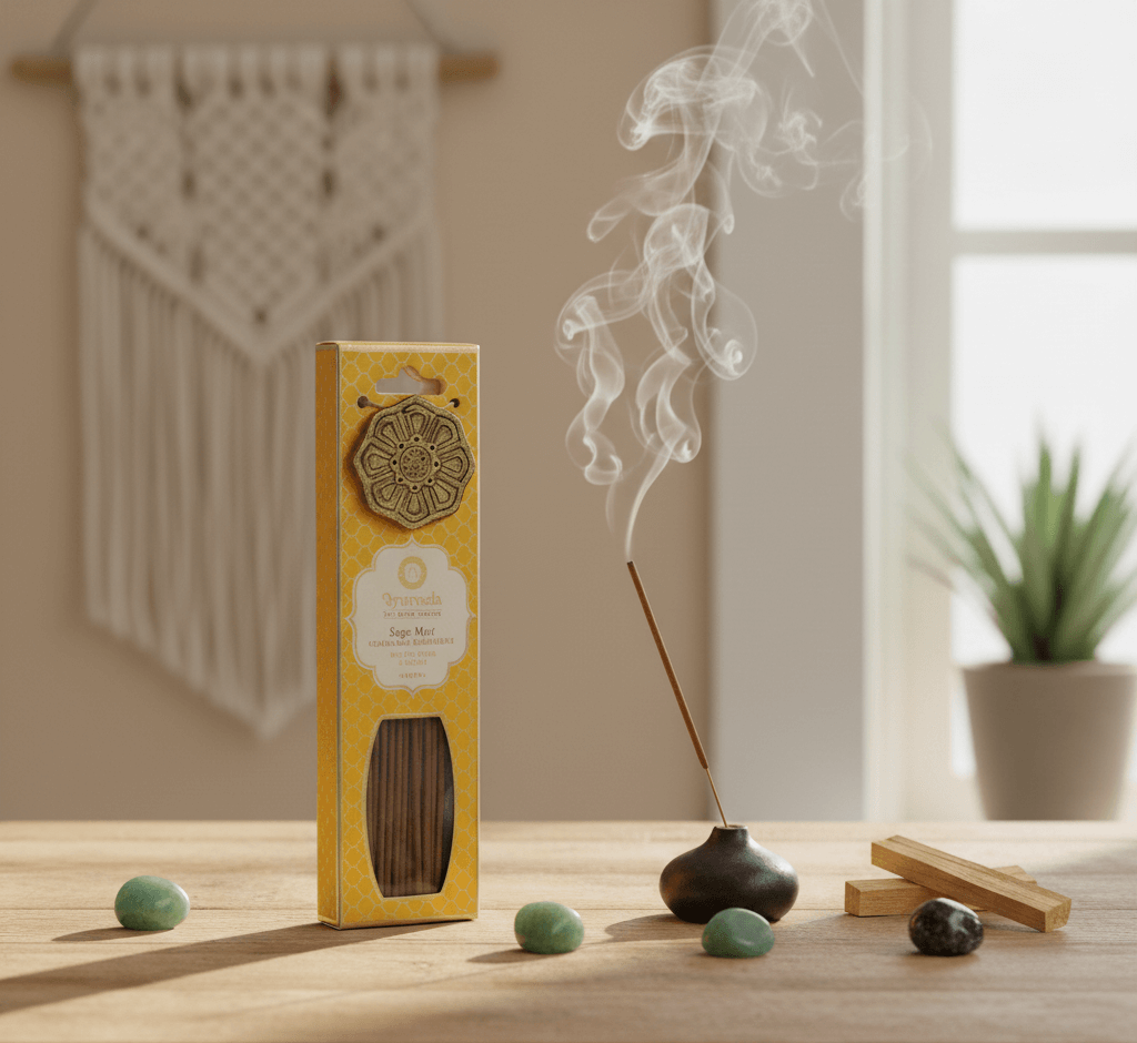 tuberose-jasmijn-wierook-sfeerbeeld-brandend Brandende tuberose en jasmijn wierookstokjes in een rustige interieursetting met natuurlijke decoratie.