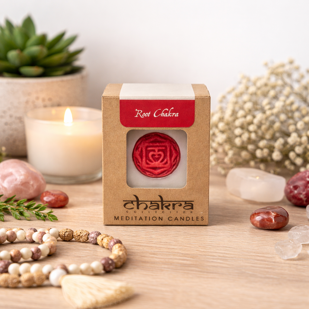 chakra-1-sojakaars-sfeer Root Chakra meditatiekaars in doosje op houten tafel met edelstenen, armband en brandende kaars – sfeerbeeld chakra kaars