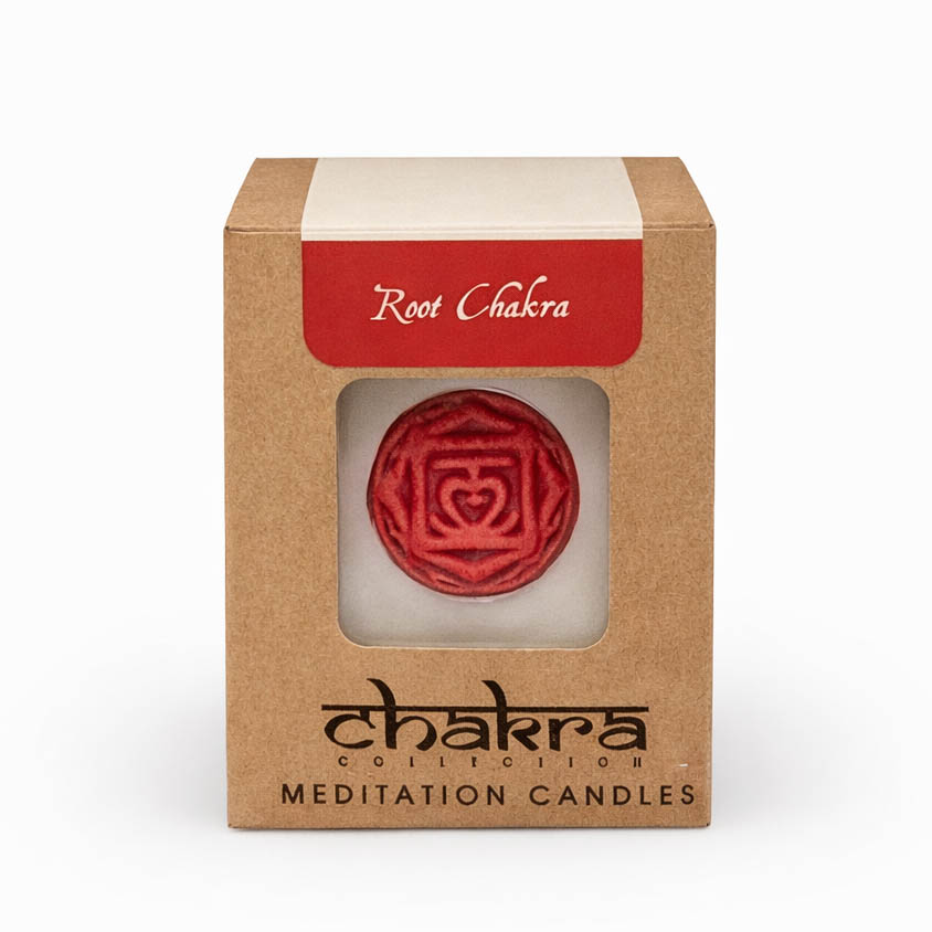 chakra-1-sojakaars Root Chakra meditatiekaars in kraft doosje met rood chakra symbool – Chakra Meditation Candles sojakaars