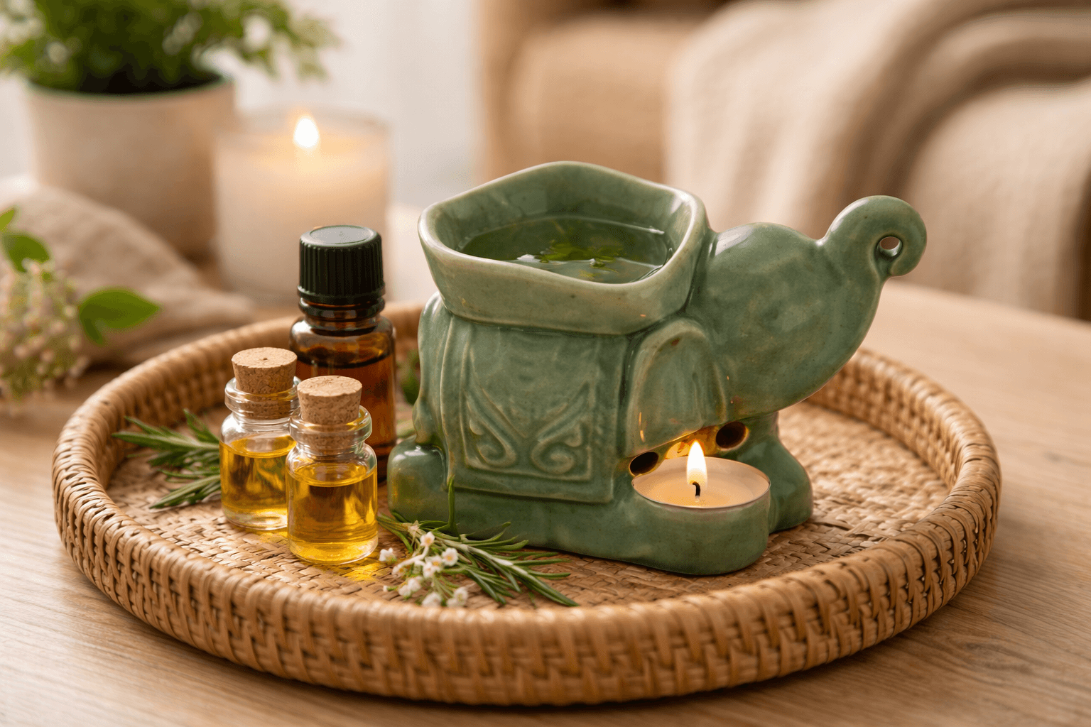 aromaverdamper met etherische olie en brandend theelichtje