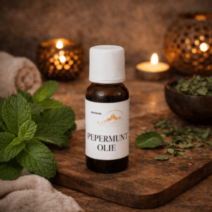 Flesje pepermunt massageolie op houten plank met verse munt en wellnessdecoratie.