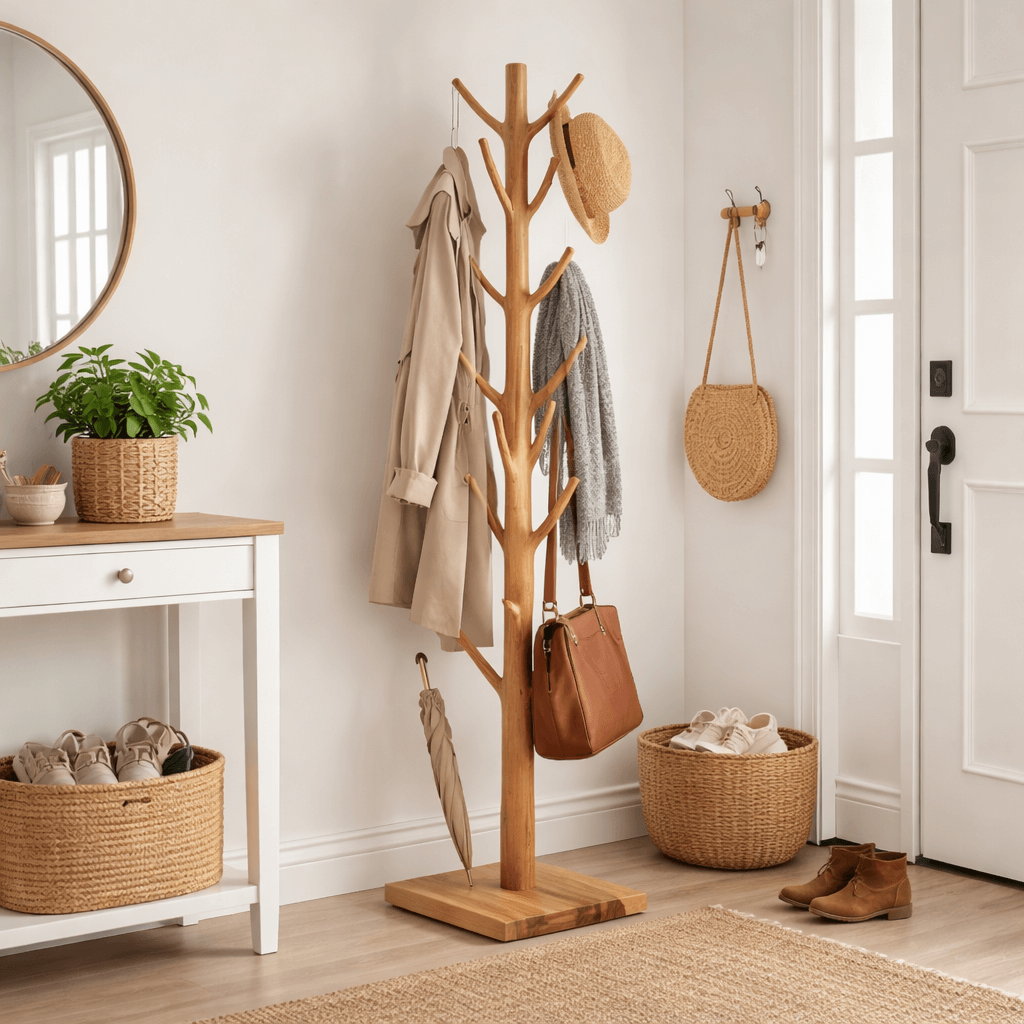 Staande kapstok in boomvorm van licht mangohout in een hal met jas, tas en hoed