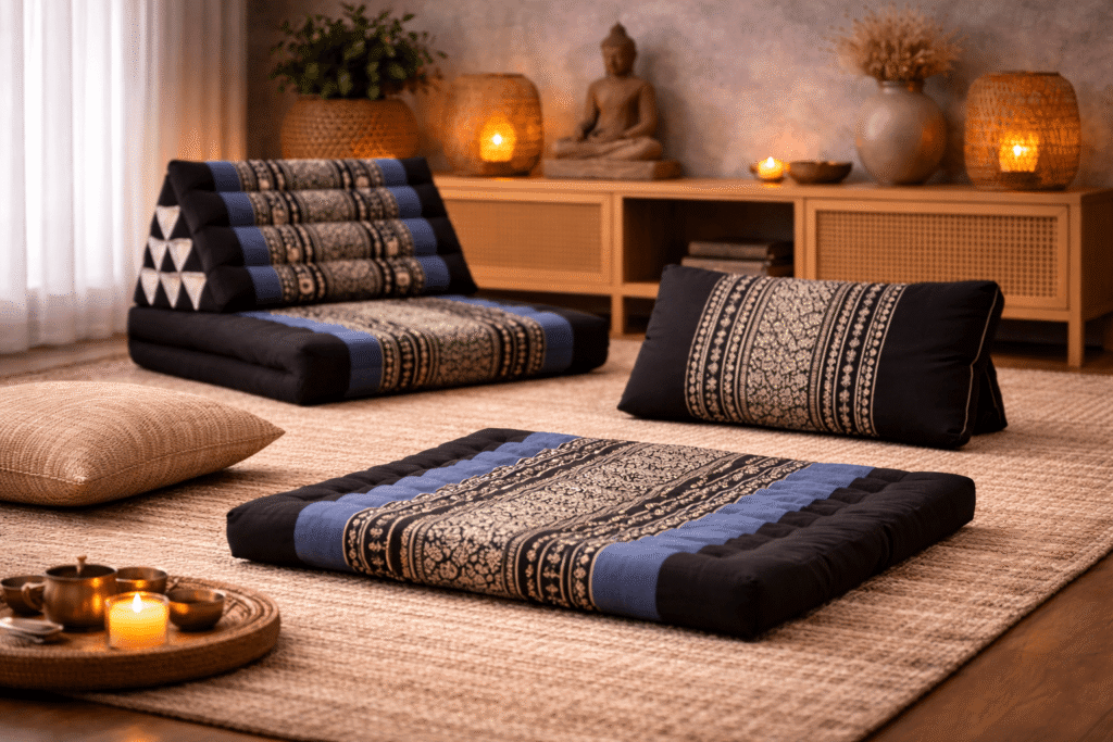 Zwart-grijze Thaise kussens en driehoekskussen in warme meditatiehoek met kaarsen en boeddhabeeld