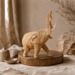 Handgesneden houten olifant op een houten plateau in een warme, natuurlijke sfeersetting.
