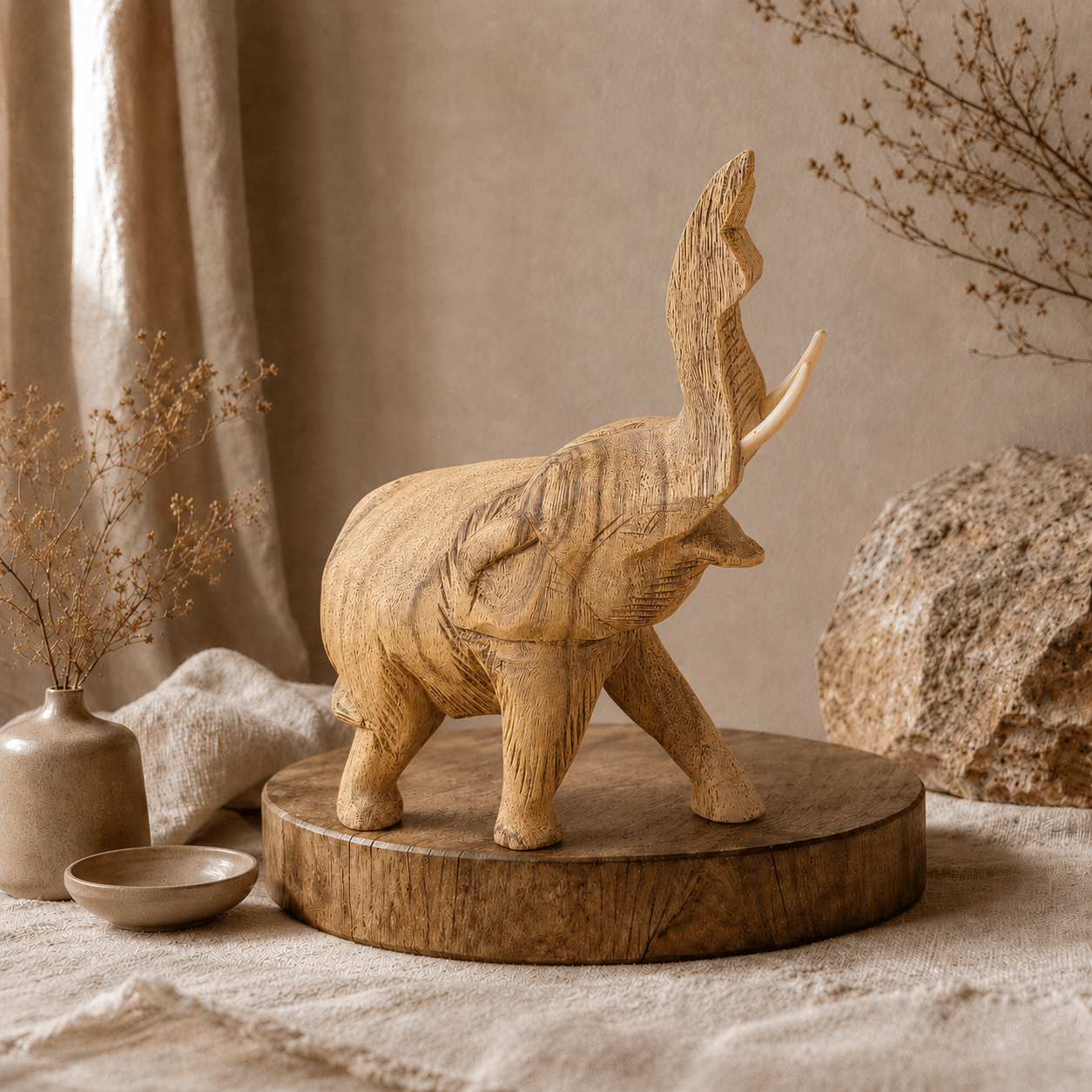 Handgesneden houten olifant op een houten plateau in een warme, natuurlijke sfeersetting.