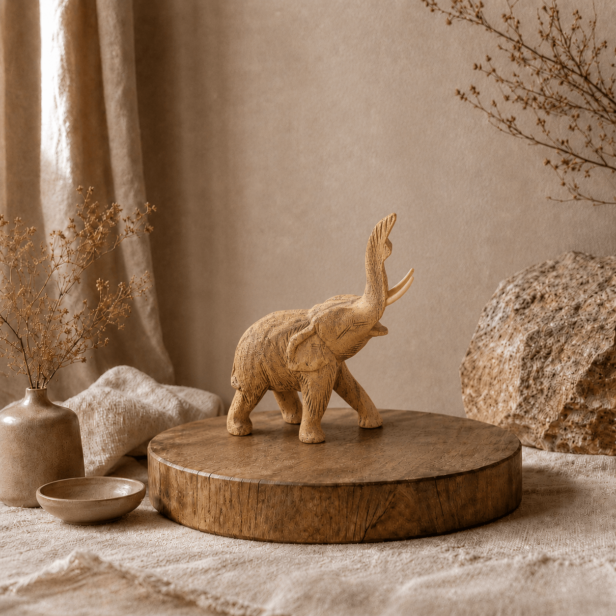 Kleine handgesneden houten olifant op een houten plateau in een warme, natuurlijke sfeersetting.