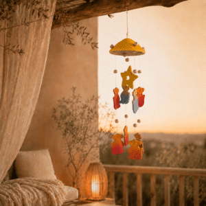Keramische windhanger met gele kap, ster en kleurrijke dierenfiguren, hangend op een sfeervol terras bij zonsondergang.