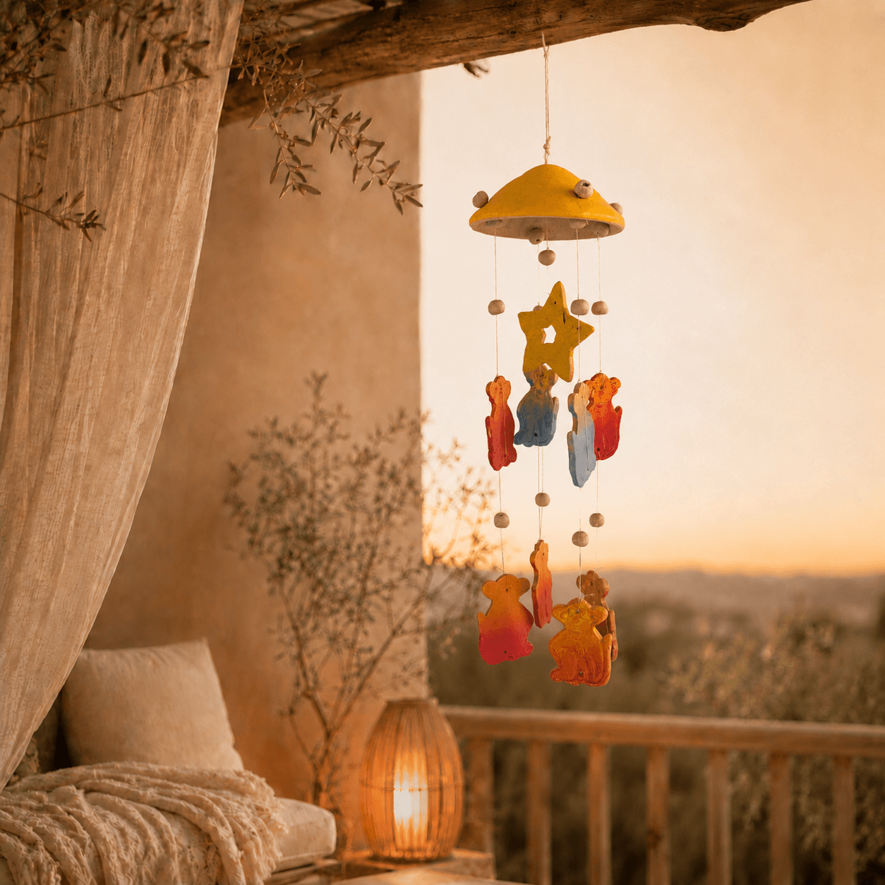 Keramische windhanger met gele kap, ster en kleurrijke dierenfiguren, hangend op een sfeervol terras bij zonsondergang.