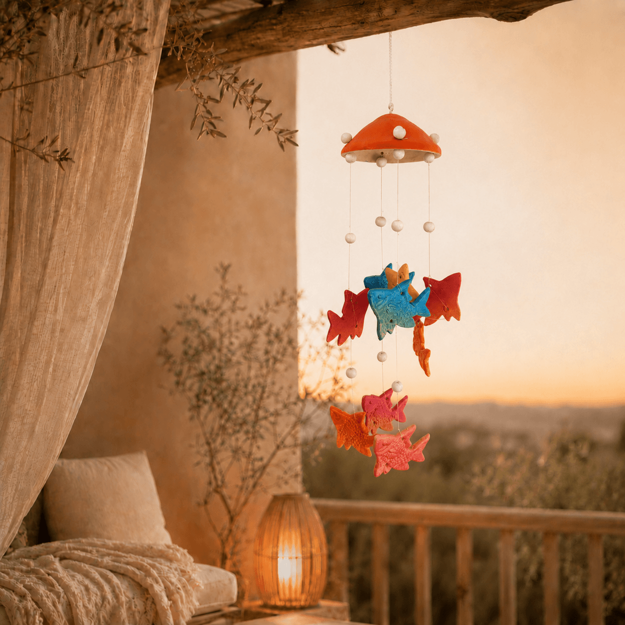 Keramische windhanger met oranje kap en kleurrijke vissen, hangend op een sfeervol terras bij zonsondergang.