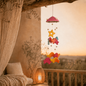 Keramische windhanger met roze kap, gele zeester en kleurrijke schildpadden, hangend op een sfeervol terras bij zonsondergang.
