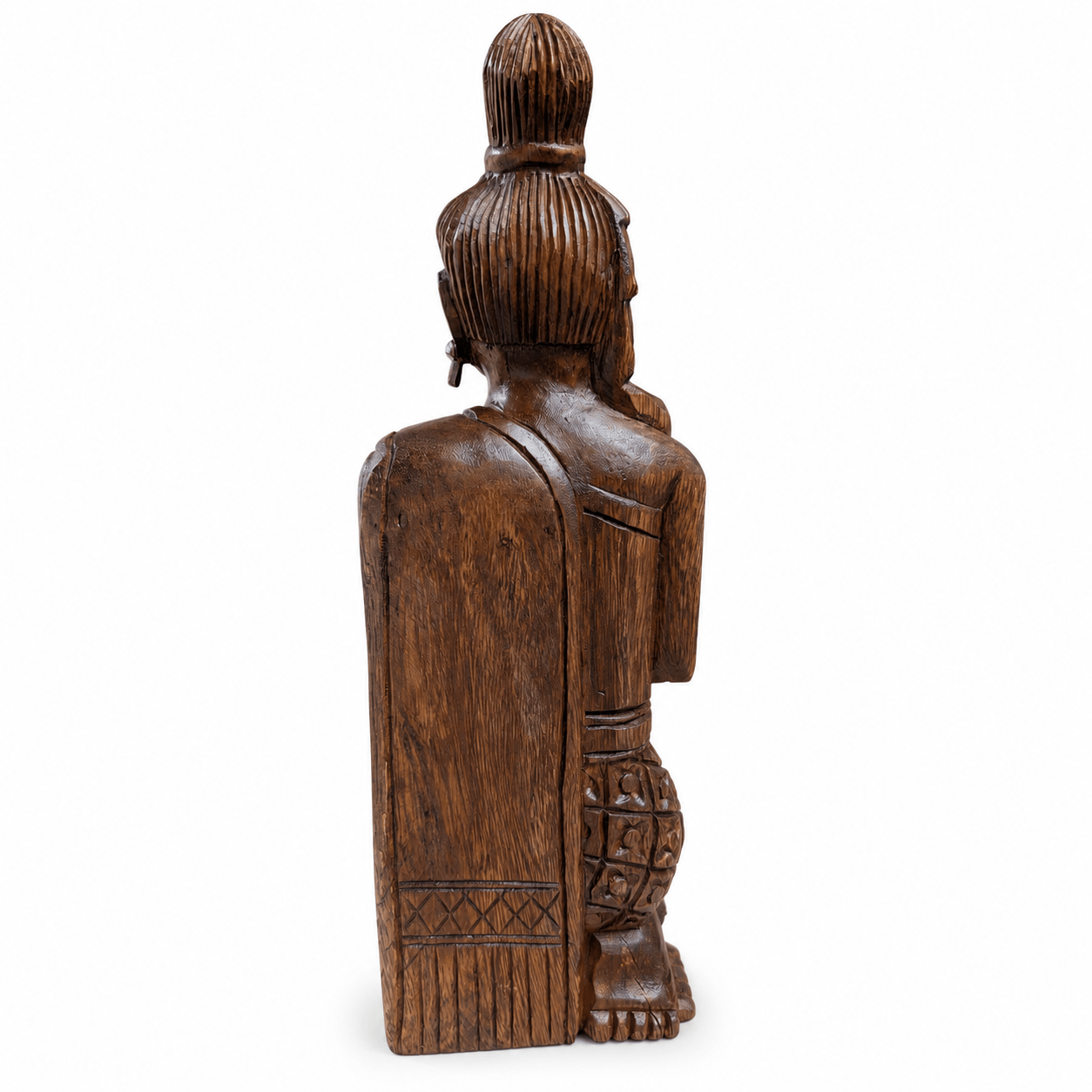Achteraanzicht van handgemaakt houten Sawadee Lady beeld van 36 cm met donkere houtnerf en uitgesneden details.