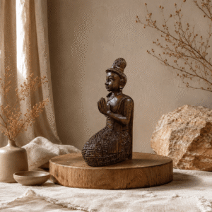 Handgemaakt houten Sawadee Lady beeld op ronde houten verhoger in naturel boho interieur met linnen stoffen, droogbloemen en warme aardetinten.