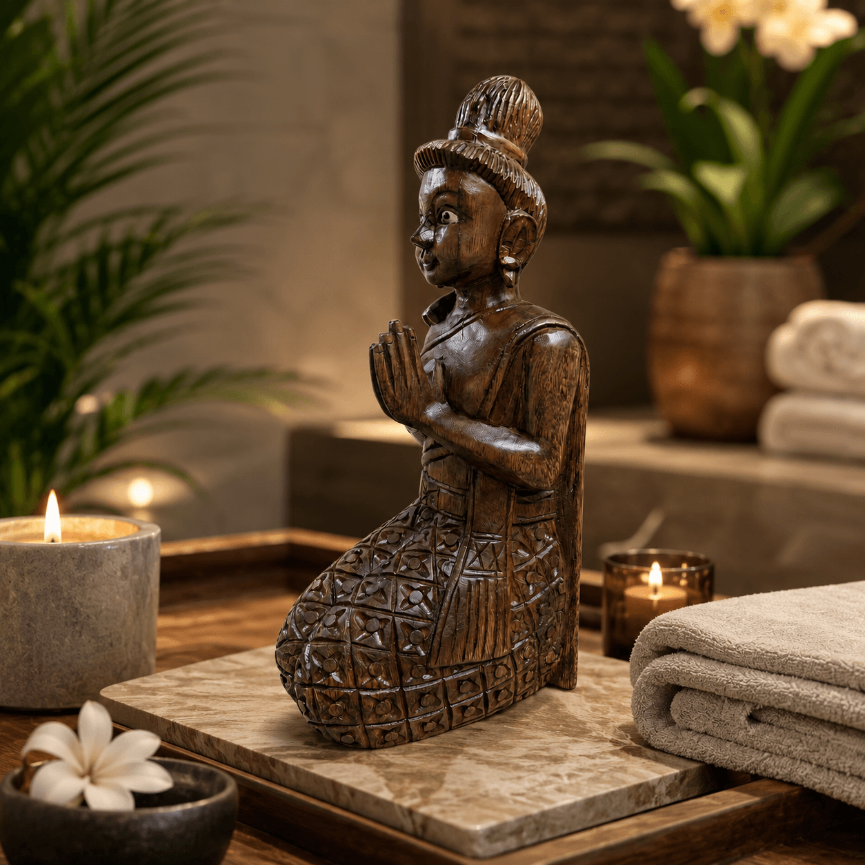 Houten Sawadee Lady beeld in wellness sfeer met kaarsen, handdoeken, groene planten en warme verlichting.