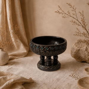 Zwarte Thaise presenteerschaal van 14 cm met turquoise details in een warme natuurlijke sfeersetting.