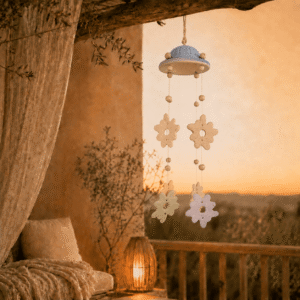 Keramiek windhanger met pastelgekleurde bloemen hangend op een sfeervol terras bij zonsondergang.