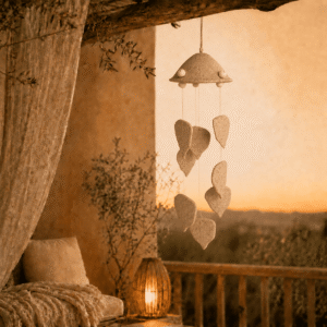 Naturelkleurige keramiek windhanger met hartjes hangend op een sfeervol terras bij zonsondergang.