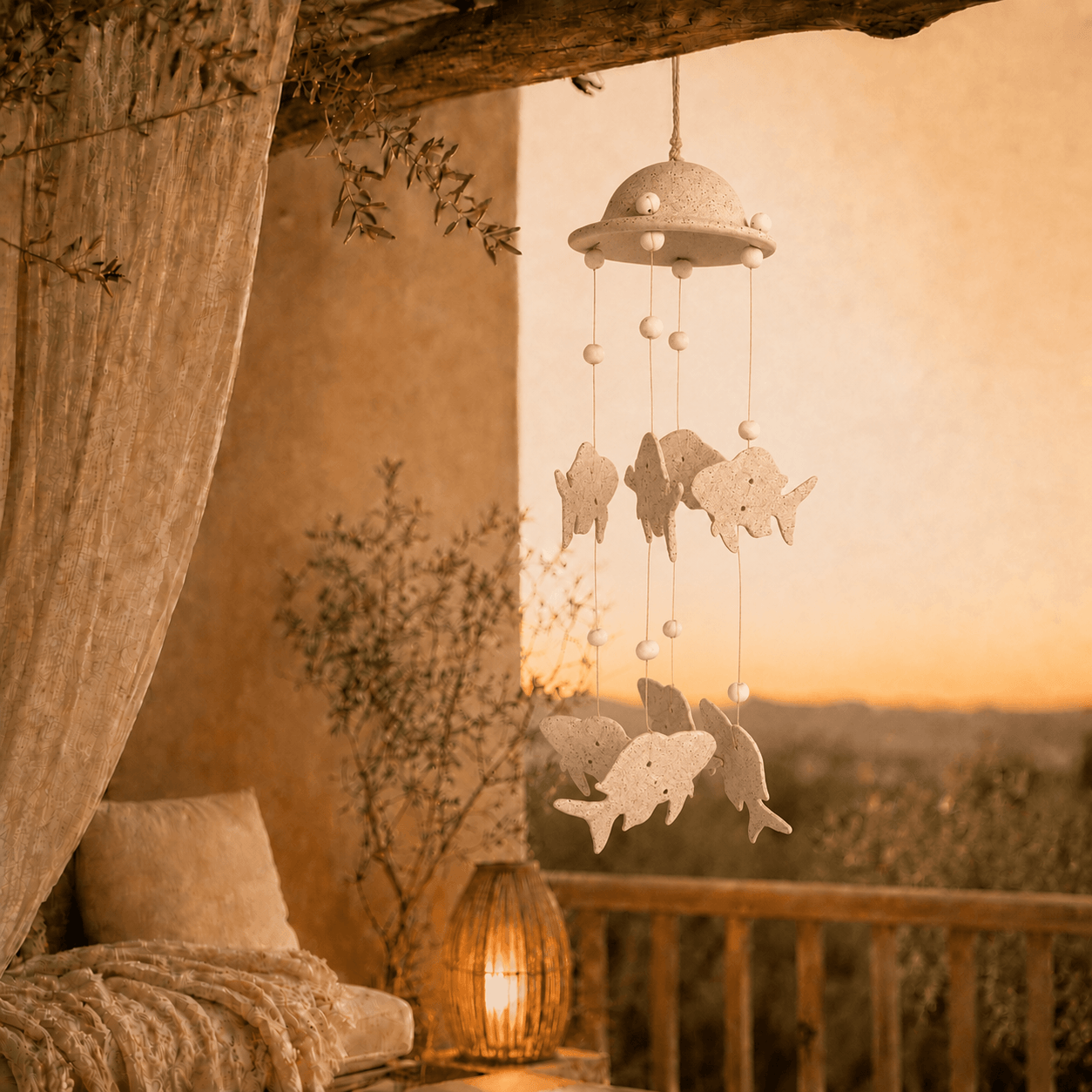Naturelkleurige keramiek windhanger met vissen hangend op een sfeervol terras bij zonsondergang.