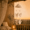 Naturelkleurige keramiek windhanger met vlinders hangend op een sfeervol terras bij zonsondergang.