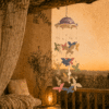 Pastelkleurige keramiek windhanger met vlinders hangend op een sfeervol terras bij zonsondergang.