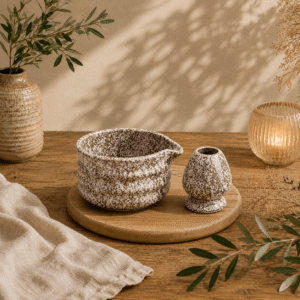 Bruin-witte gespikkelde matcha set met kom en houder op een houten serveerplank in een warme natuurlijke setting.