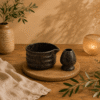 Zwart-bruine gespikkelde matcha set met kom en houder op een houten serveerplank in een warme natuurlijke setting.