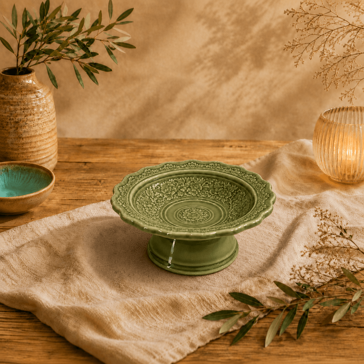 Groene keramische presenteerschaal van 14 cm op voet met bloemreliëf in een warme natuurlijke tafelsetting.
